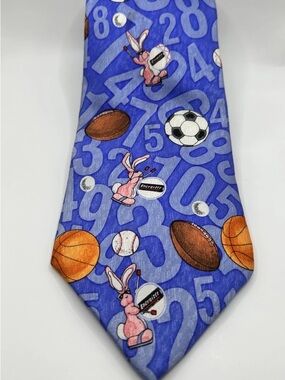 Blue Sports Motif Tie with Pink Bunny Accents
